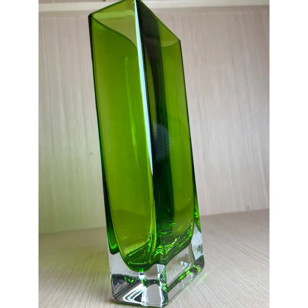 Vintage Emerald Green Glass Rectangular Bud Vase Heavy Clear Base Modernist MCM